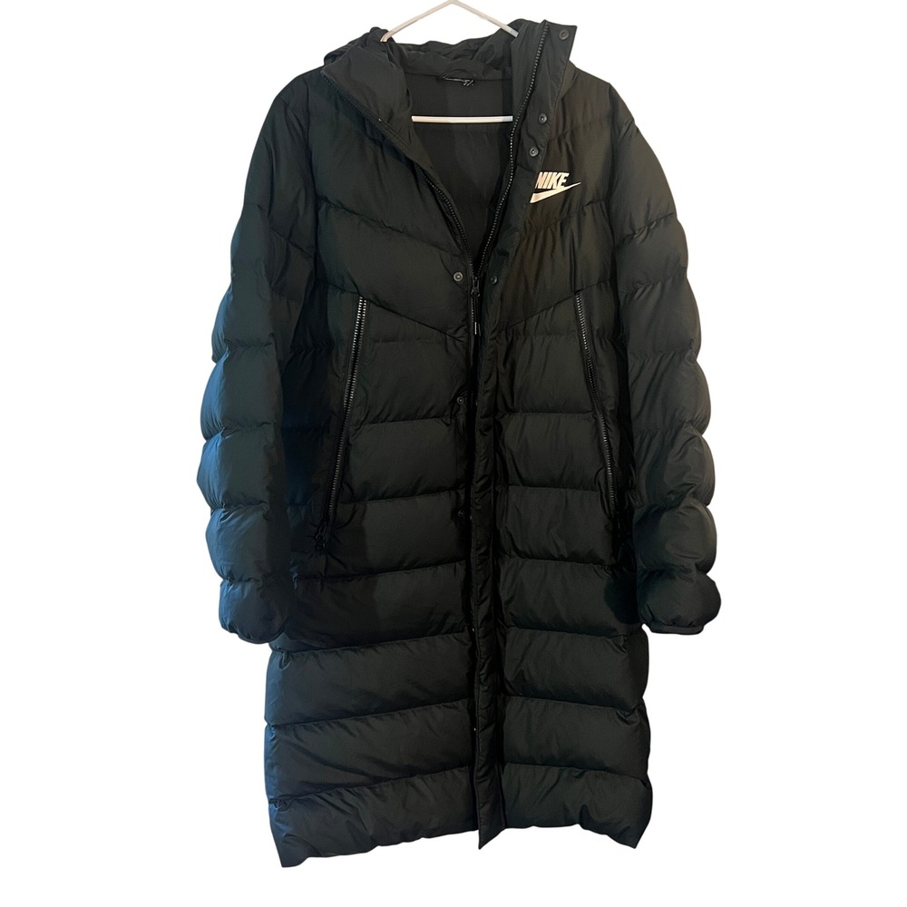 Nike Mens Sportswear Longline Puffer Parka Hooded Jacket Black Chevron Quilted